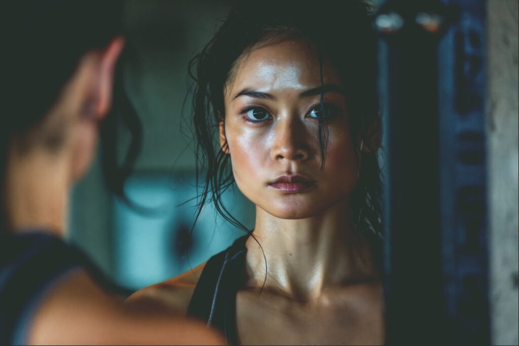 Woman with wet hair stares intensely at her own reflection in a dimly lit mirror, sweat visible on her face.