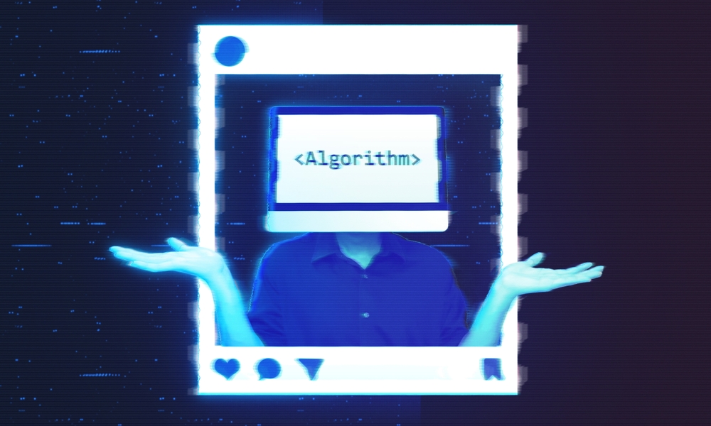 Social media algorithm hologram projection, augmented reality with glowing blue glitch effects. Collage of man with computer screen symbolizing app artificial intelligence.