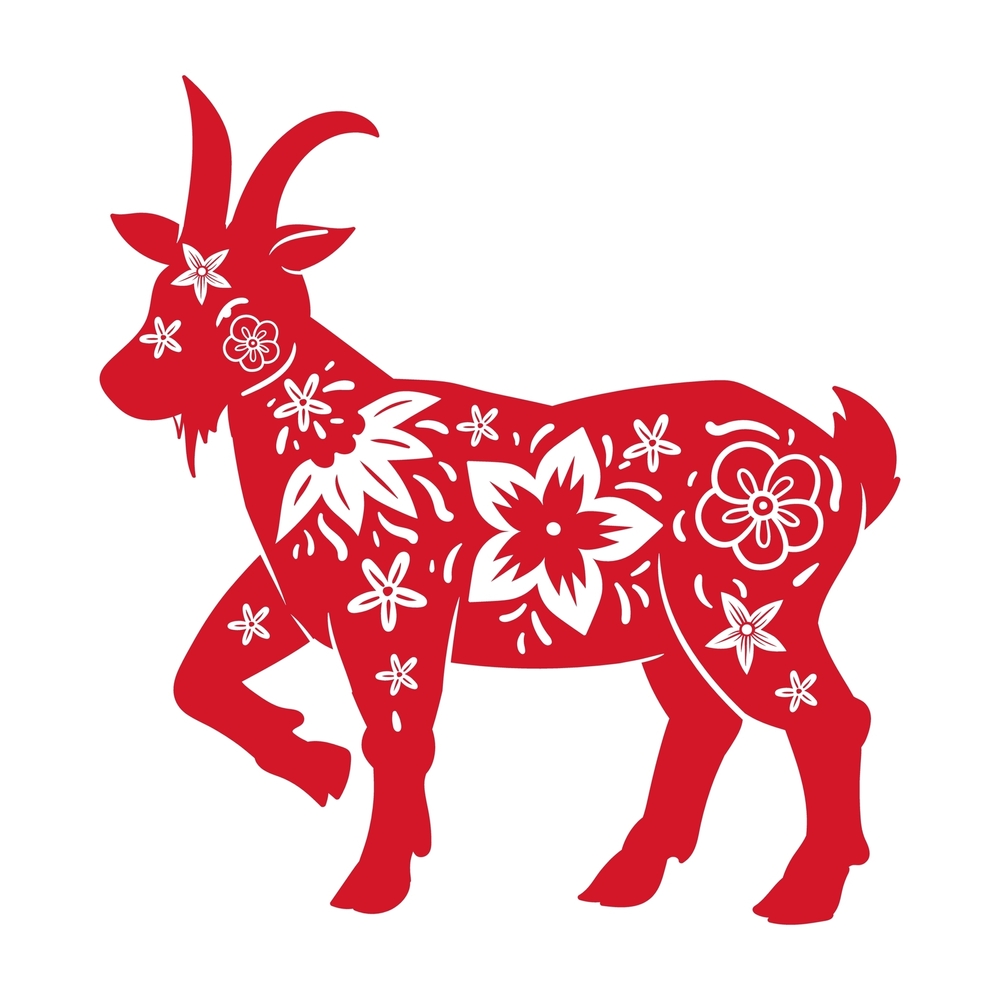 Chinese horoscope goat symbol. Lunar New Year oriental goat silhouette, zodiac astrological calendar goat sign flat vector illustration. Traditional horoscope icon