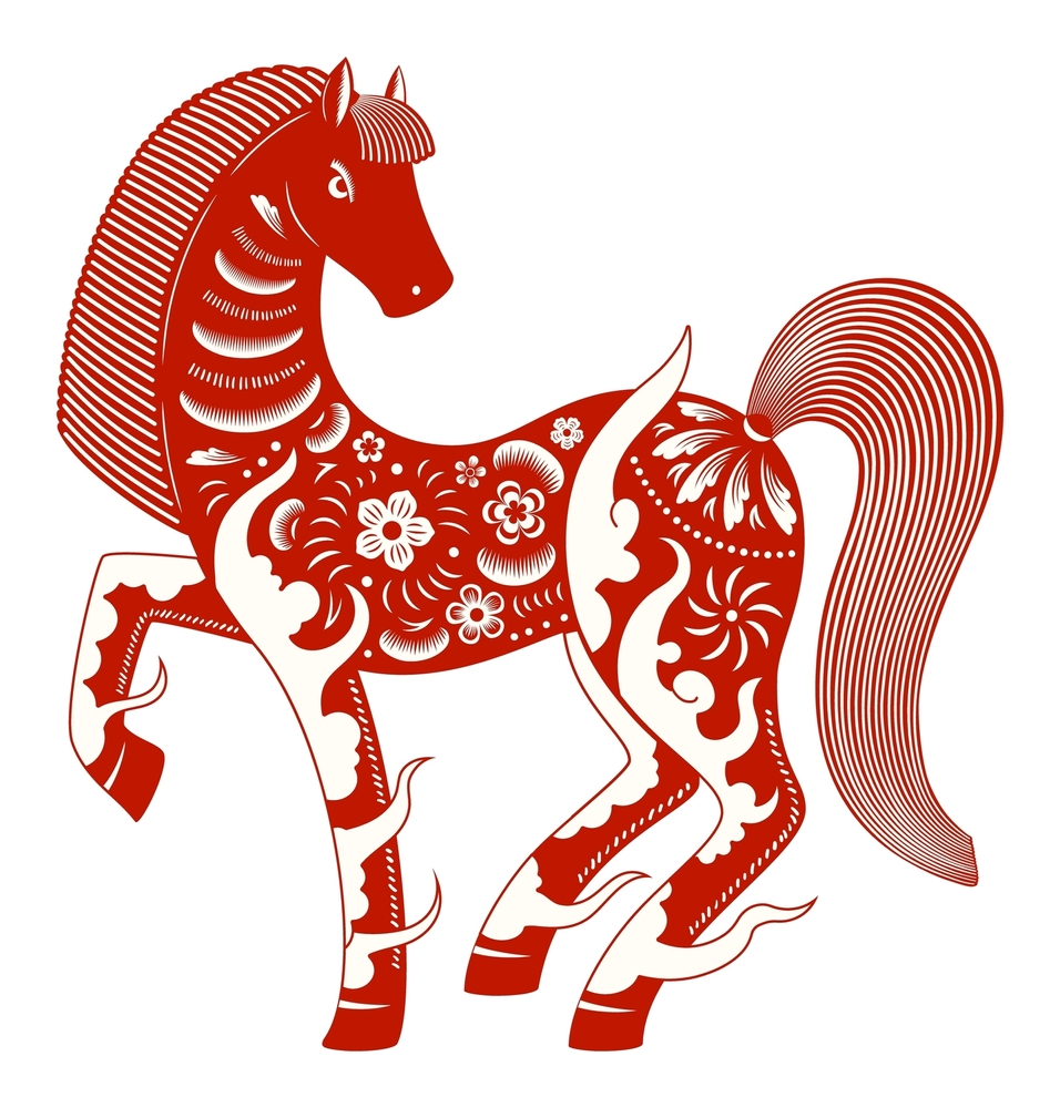 Chinese zodiac sign paper cut horse character flat, isolated on transparent. 2026 Lunar New Year hand drawn vector illustration. Traditional holiday celebration design elements, seasonal banner, card