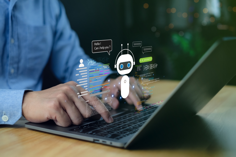 AI assistant, chatbot, artificial intelligence, automation, and coding technology on laptop screen, showing customer interaction with virtual bot in modern workspace
