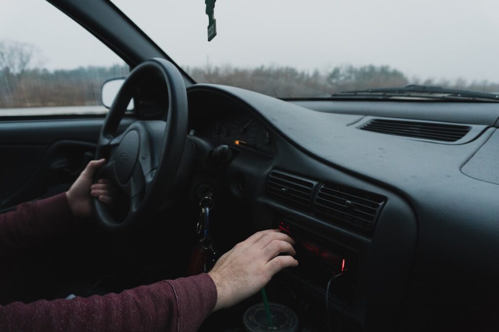 Interior view from a car's driver seat on an overcast day. Hands grip the steering wheel and reach toward the radio controls. Bare trees visible through the windshield.