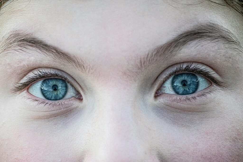 Extreme close-up of striking blue-grey eyes with light eyebrows, looking directly at the camera. 