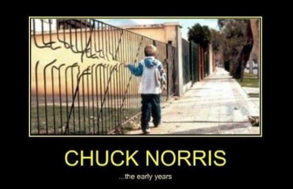 Chuck Norris, the early years, shows a child ripping a fence with his finger. 
