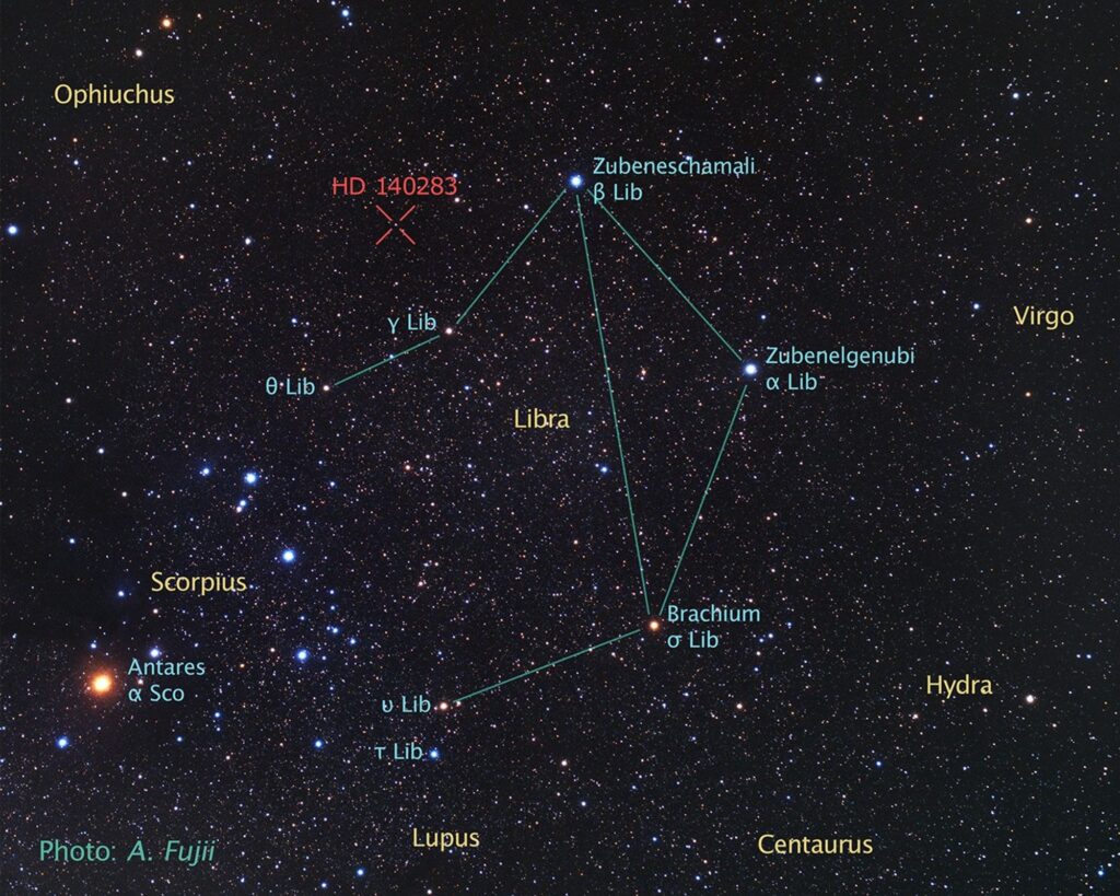 A labeled star chart photograph of the Libra constellation against a dense star field, with connecting lines drawn between its main stars including Zubeneschamali, Zubenelgenubi, and Brachium, and neighboring constellations Scorpius, Virgo, Hydra, Centaurus, Lupus, and Ophiuchus visible around it.