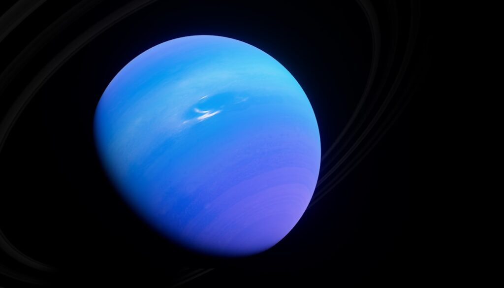 A digital rendering of Neptune against black space, showing the planet's vivid blue atmosphere with subtle horizontal cloud bands and a faint ring system encircling it at a diagonal angle.