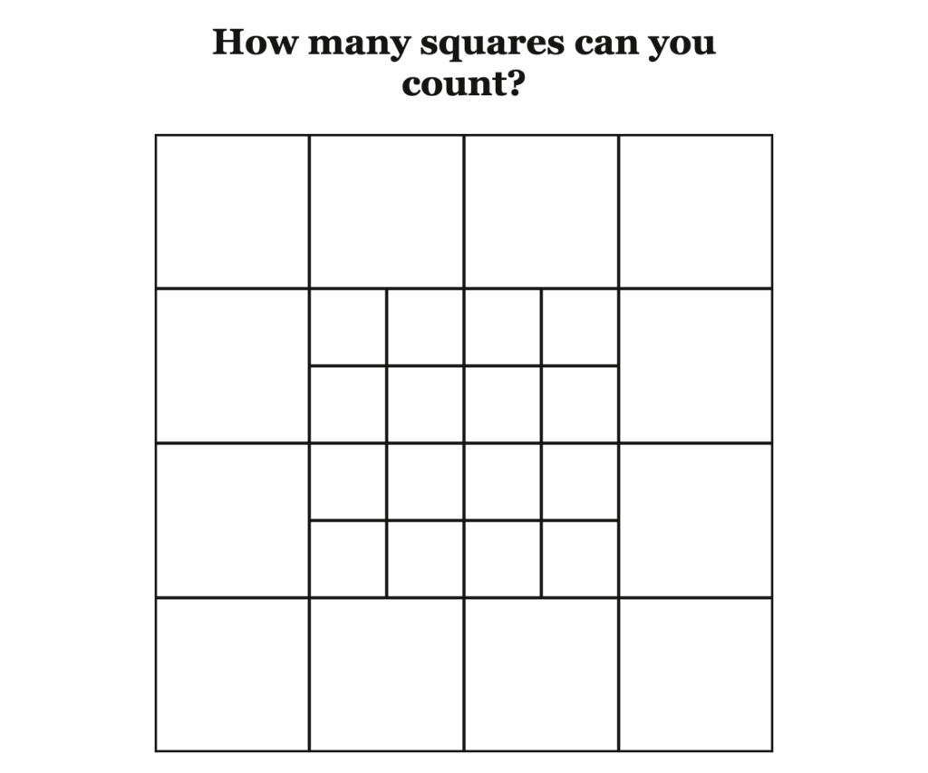 A 4-by-4 grid of squares with a cross-shaped pattern of additional smaller squares running through the center, creating overlapping sections of different sizes. The heading above reads "How many squares can you count?"
