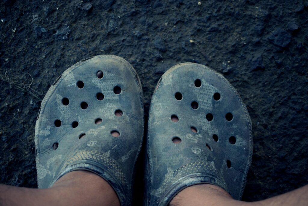 Person Wearing Blue Camouflage Crocs
