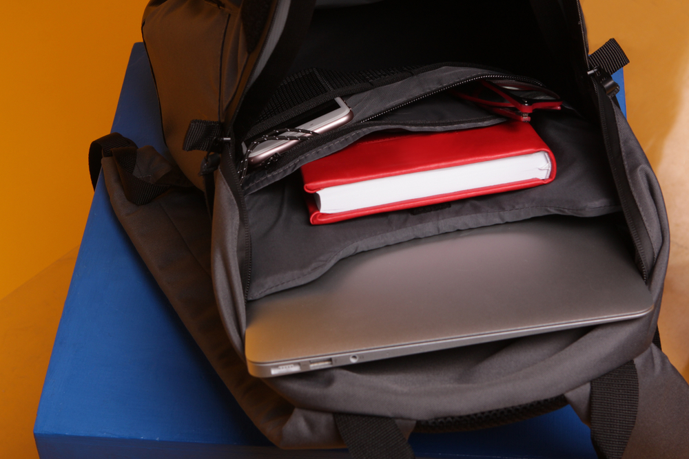Backpack inside view with soft padded compartment for laptop. Concept city bag or small hand luggage in travel by plane. Protection computer freelancer online internet education 
