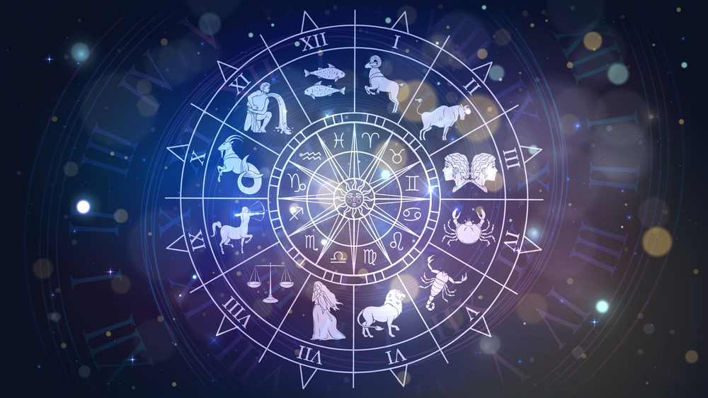 Wheel chart with zodiac signs in space, astrology and horoscope