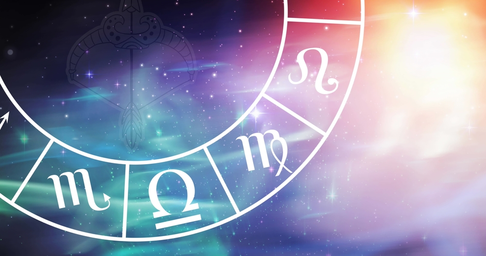 Composition of sagittarius star sign symbol in spinning zodiac wheel over glowing stars. horoscope and zodiac sign concept digitally generated image.