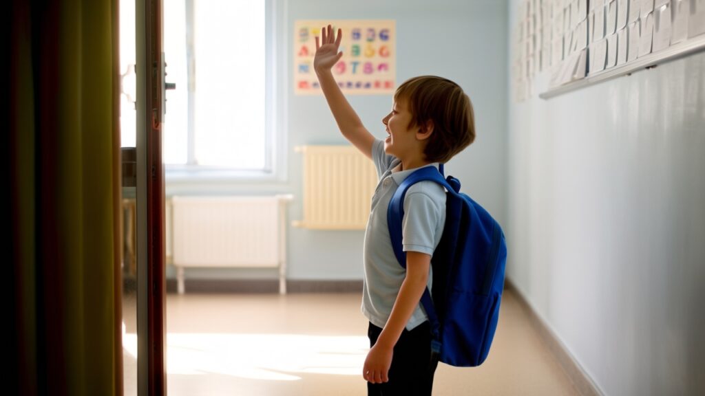 Indoor photo of aa little boy stands at the door of the classroom, waving happily and calling his mother. side view