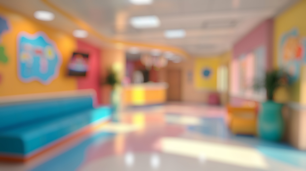 Defocused Background of Bright and Cheerful Waiting Area in Pediatric Clinic with Colorful Art and Comfortable Seating. Blurred Background Photo.