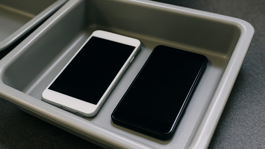 closeup of two phones on an airport xray tray