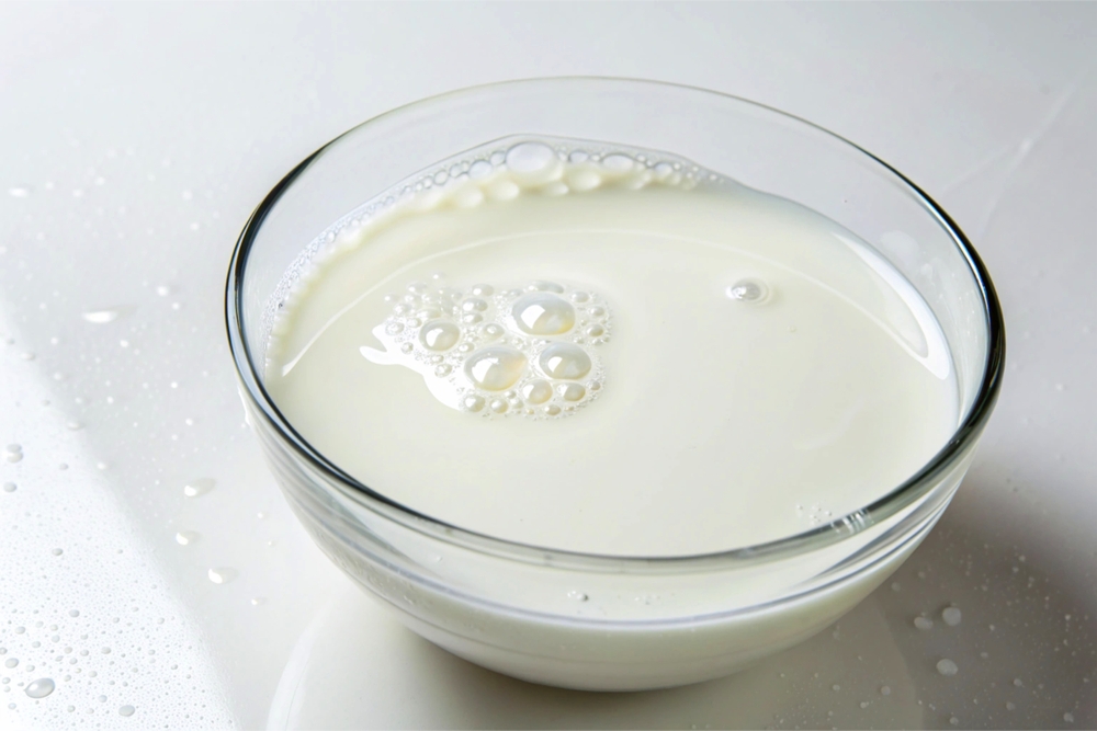 A clear glass bowl filled with fresh milk is placed on a white surface. Small bubbles are visible on the surface, giving it a fresh and wholesome appearance.