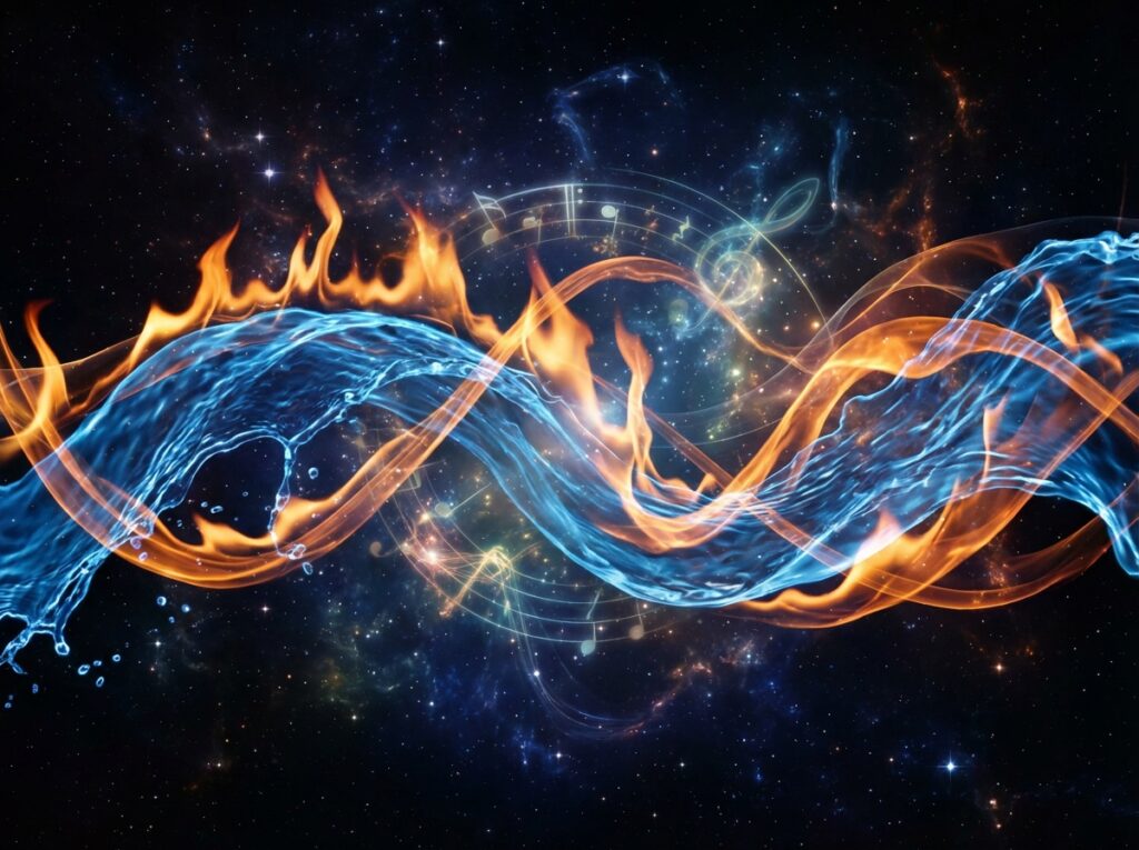 A vibrant clash of elements, where flowing sapphire water swirls in harmony with fiery notes of crimson flame, musically swirling in a cosmic dance, shimmering with ethereal energy. The fluid and fire weave together, a symphony of contrasts, luminous with the radiant glow of their union, set against the deep expanse of the universe.