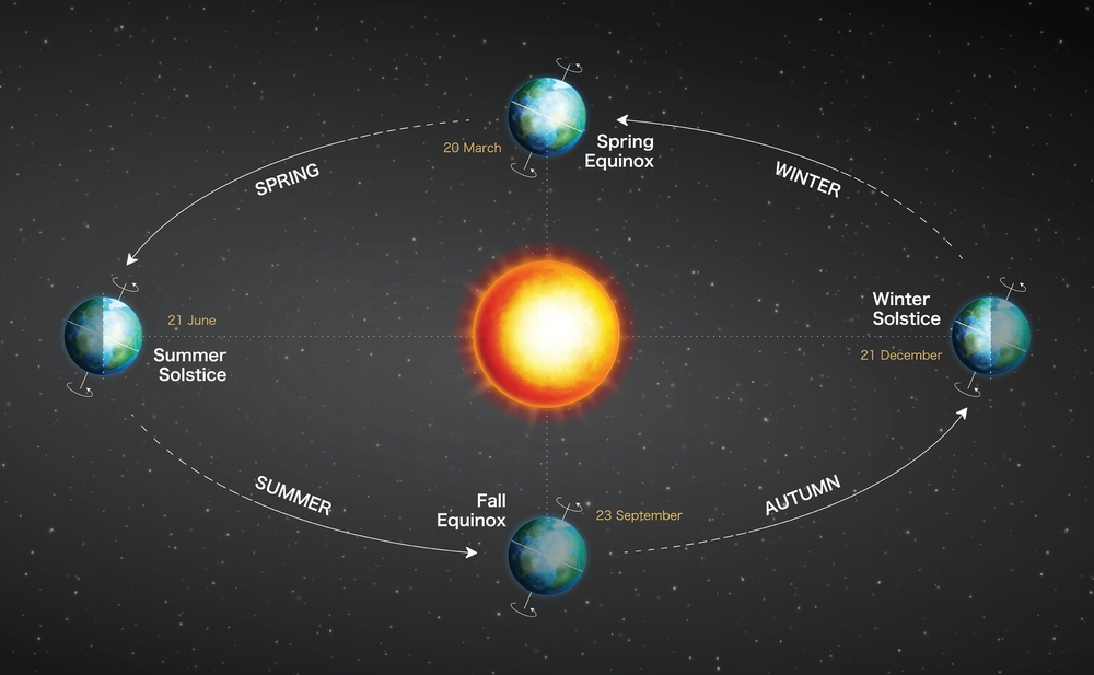 Earth seasons orbit equinox and solstice diagram vector illustration