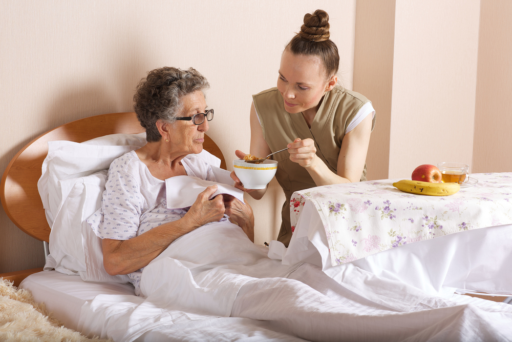Senior social care assistant feeds an old woman of 80 years old