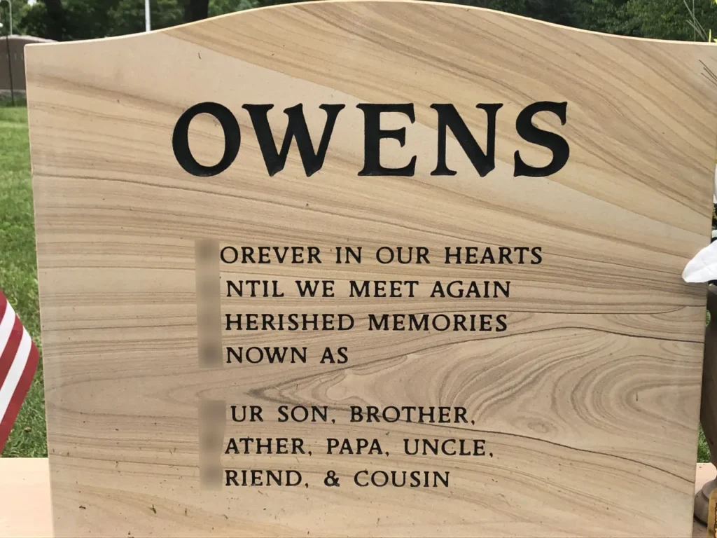 Close up of the Late Steven Owens' gravestone. 

https://wgntv.com/news/hidden-profanity-on-headstone-stirs-controversy/
