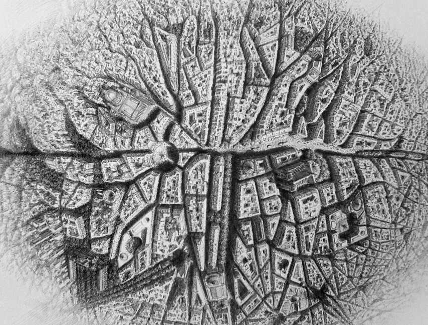 A bird's-eye view of a European city drawn in graphite pencil across the lip surface. Tightly packed buildings radiate outward from a wide boulevard that cuts through the center.