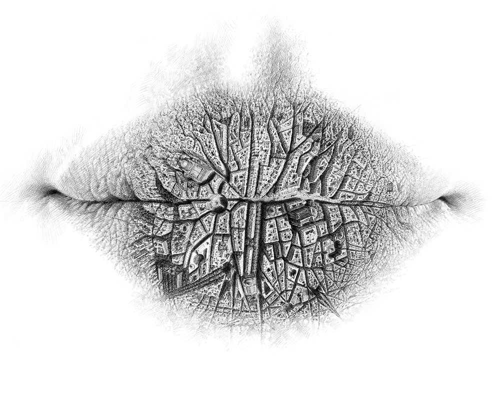 Graphite pencil drawing of a pair of lips filled with an aerial cityscape. A central avenue runs vertically through the mouth, and streets branch outward with dense architecture curving along the lip contours.