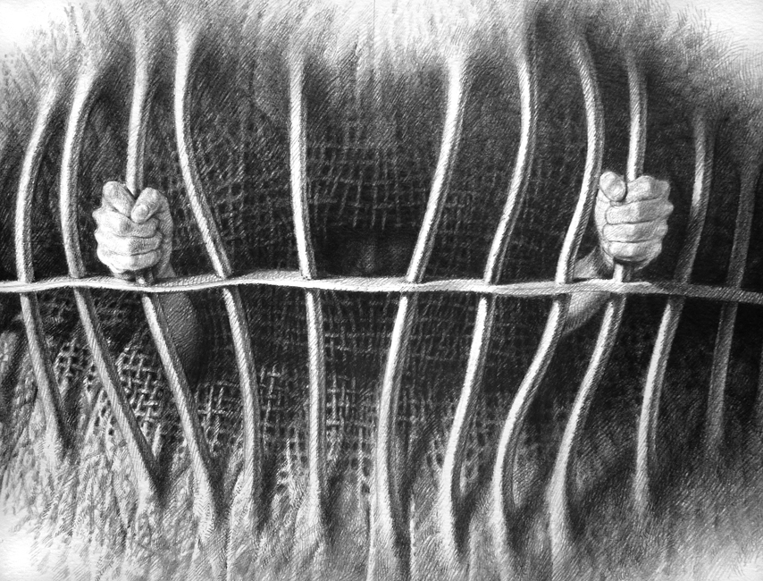 Graphite pencil drawing zoomed into the lip surface, where wavy vertical bars stretch across the skin. Two clenched fists grip the bars from behind, and dark crosshatching fills the interior of the mouth.