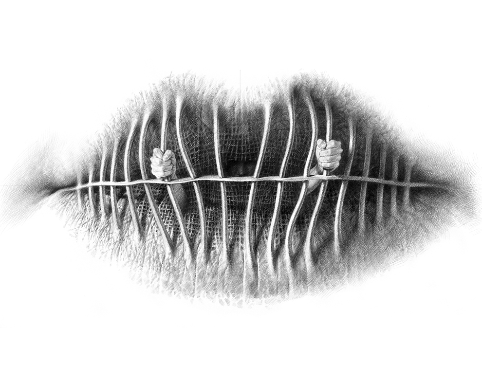 A pair of lips in graphite pencil. The natural vertical creases of the skin become prison bars, and two small fists grip them from inside the darkened mouth. Crosshatched shading fills the space behind.