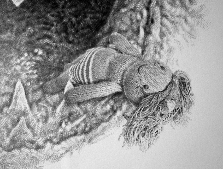 Graphite pencil drawing on the lip surface showing a small knitted ragdoll in a striped shirt lying on its side. A sharp, tooth-like point rises nearby against a dark, textured background.