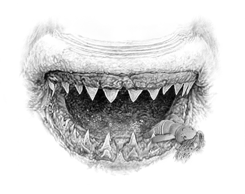 A mouth drawn open in graphite pencil, lined with rows of sharp, jagged teeth on both jaws. The surrounding skin looks rough and animal-like. A tiny knitted ragdoll with yarn hair sits on the lower lip near the right corner.