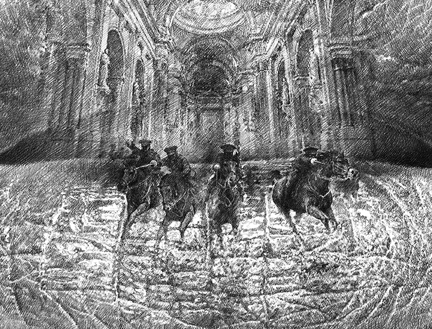 Horsemen on galloping mounts charge across a polished floor inside an ornate Baroque hall, all rendered in graphite pencil on the lip surface. Vaulted ceilings and columns tower above.