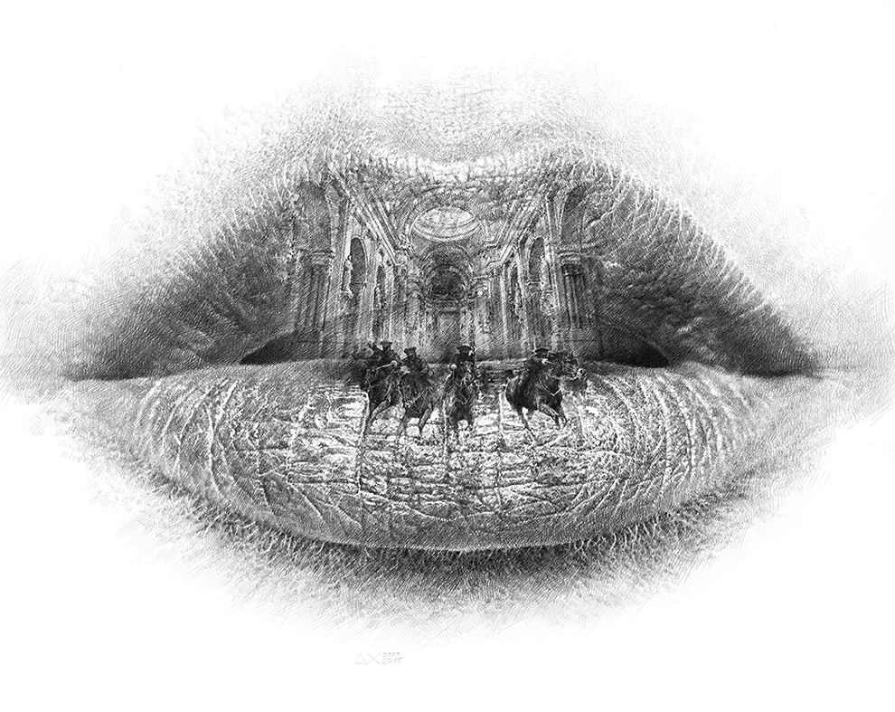 Graphite pencil drawing of lips containing a Baroque cathedral interior. The domed ceiling and grand arches form the upper lip, mounted horsemen ride across the lip line, and a gleaming floor curves through the lower lip.