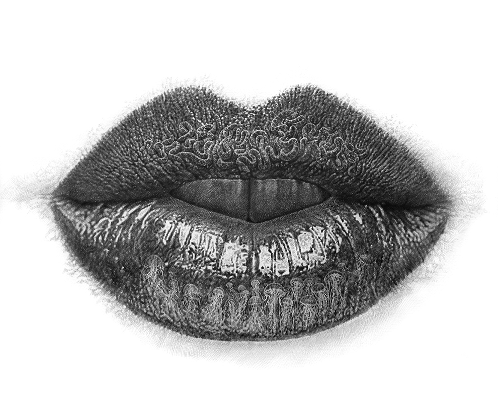 Full, dark-toned lips drawn in graphite pencil and covered entirely in marine life. Coiled, brain coral-like organisms dominate the upper lip, and jellyfish with tangled sea creatures spread across the lower lip and below the mouth.