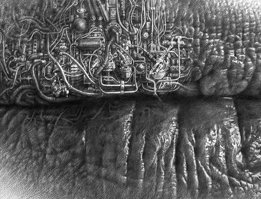Dense industrial machinery fills the frame in this graphite pencil drawing on the lip surface. Pipes, tubes, and valves press tightly together in a dark, suffocating mass of mechanical detail.