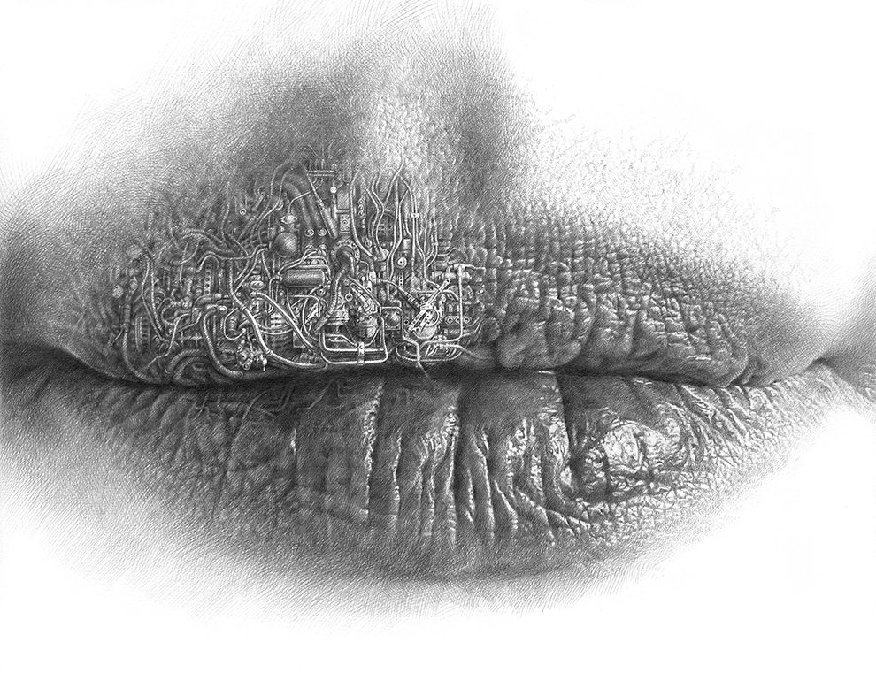 Graphite pencil drawing of a pair of lips. Industrial machinery, tangled pipes, and mechanical components pack the upper lip, while the lower lip keeps more of its natural skin texture with faint mechanical elements showing through.