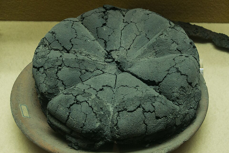 Ancient roman fossilized bread, year 76 or 79 CE, from Pompeii, Italy.