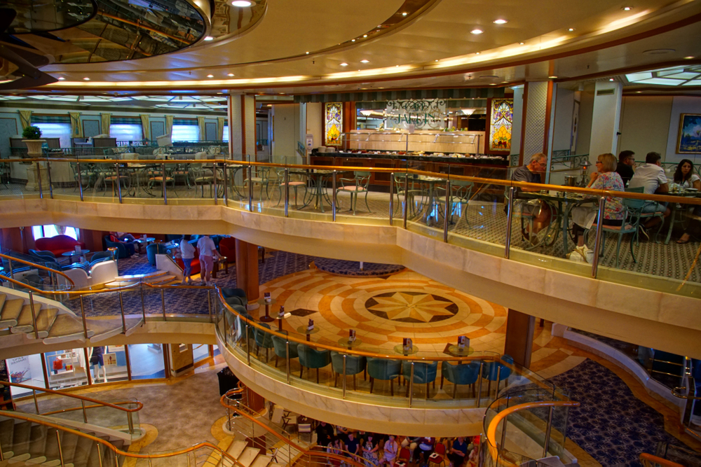 MEDITERRANEAN SEA - APR 13, 2018 - Small restaurant on a cruise ship in the Mediterranean Sea