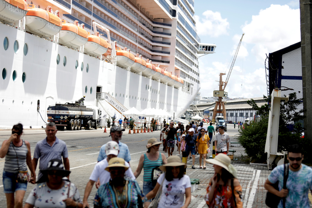 SALVADOR, BAHIA / BRAZIL - January 30, 2019: Tourists are seen disembarking from a cruise ship in the Port of Salvador.

