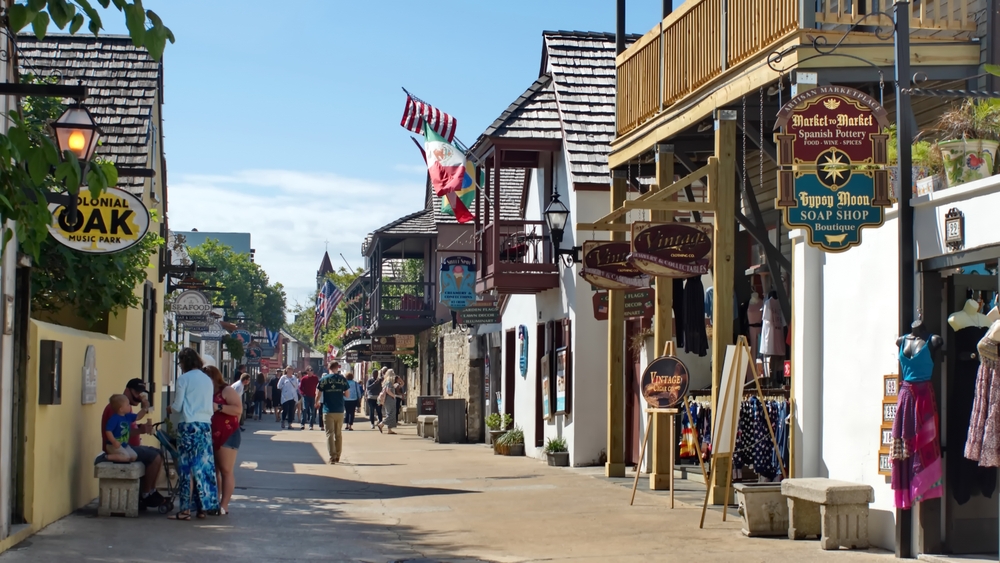 St Augustine, Florida, USA - April 4, 2019: Tourists on St George Street, in the tourist district