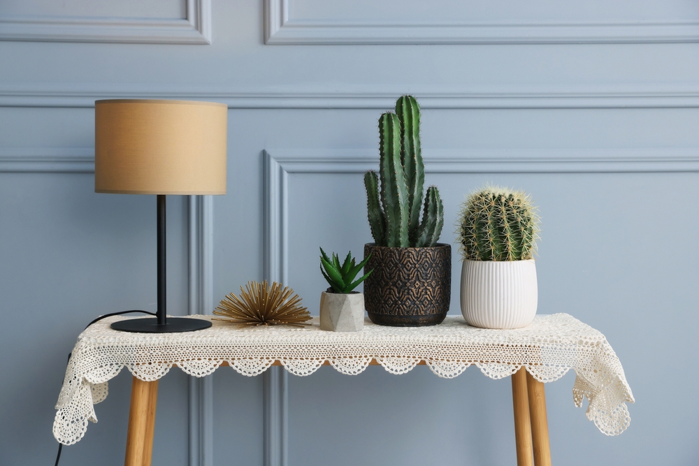 Houseplants, lamp and decorative element on table near grey wall