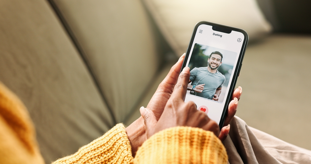 Woman, hands and phone screen for dating app at house with online meeting, profile match and connection notification. Person, mobile app and swipe on web for relationship, decision and subscription