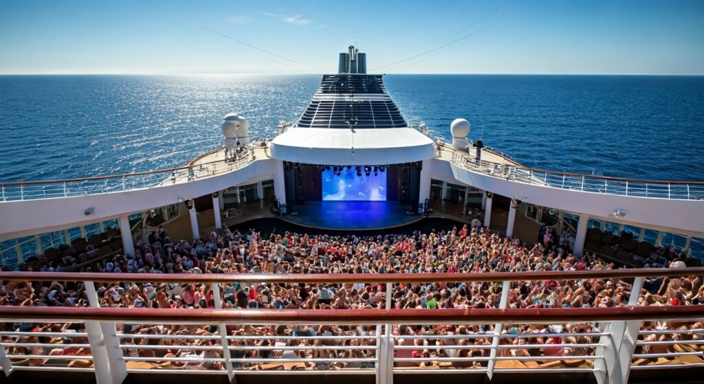 a luxury cruise ship with passengers having fun, you can see a performance happening on deck with an audience on their feet. the sea is glistening in the distance.