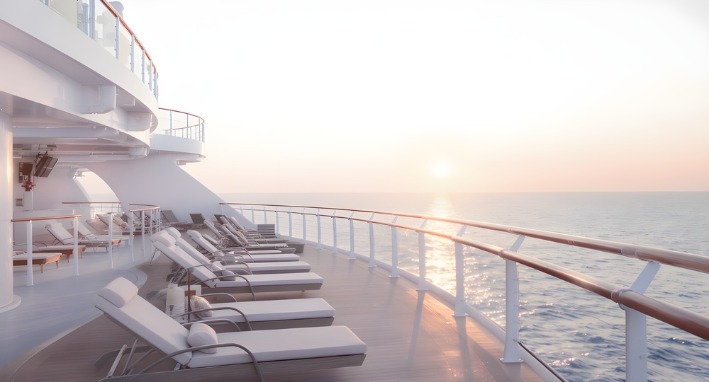 Minimal chair on cruise ship deck with vast sea view representing relaxation and freedom.