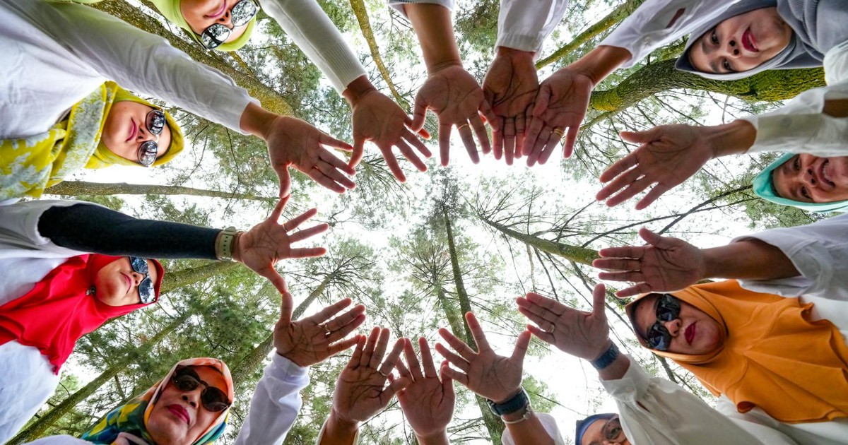 Group of women reaching out hands together in a circle under trees, fostering unity and team spirit in nature.