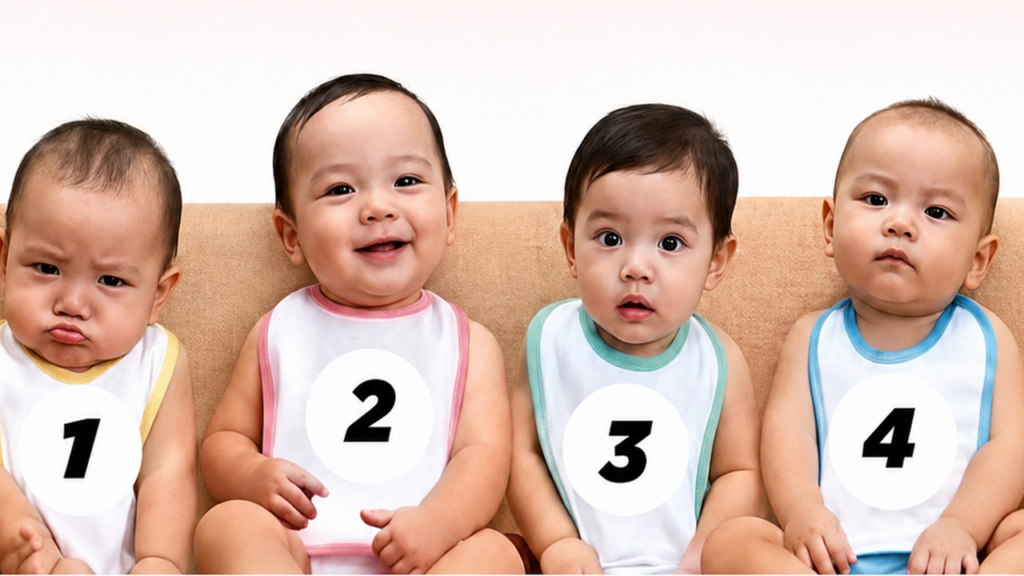 babies lined up in a row with bibs