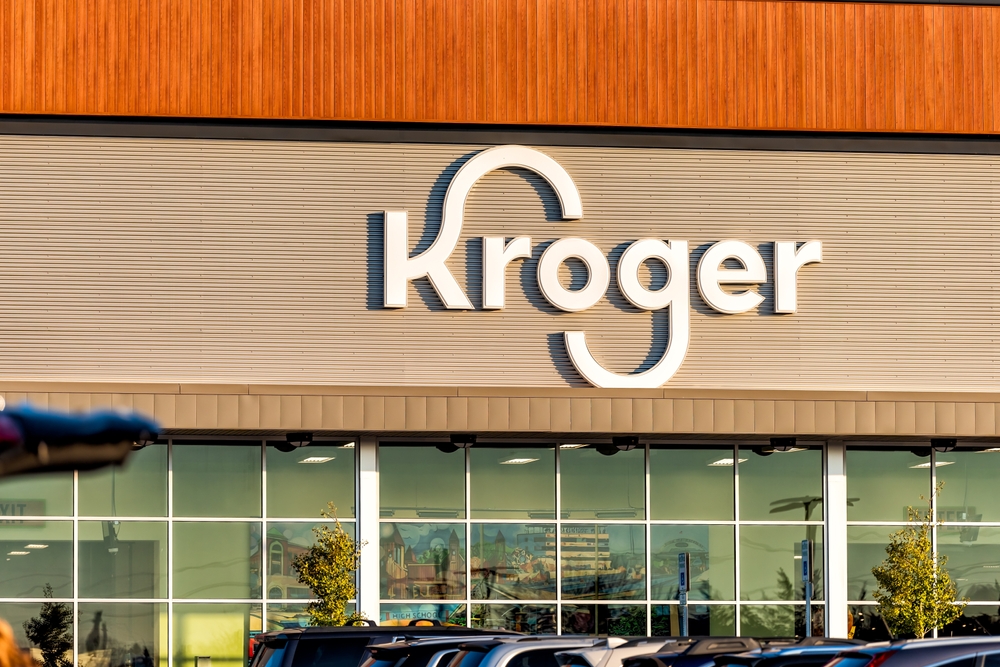 Brownsburg, USA - November 2, 2022: Midwest Indiana sign entrance for modern Kroger grocery store with logo and cars in parking lot