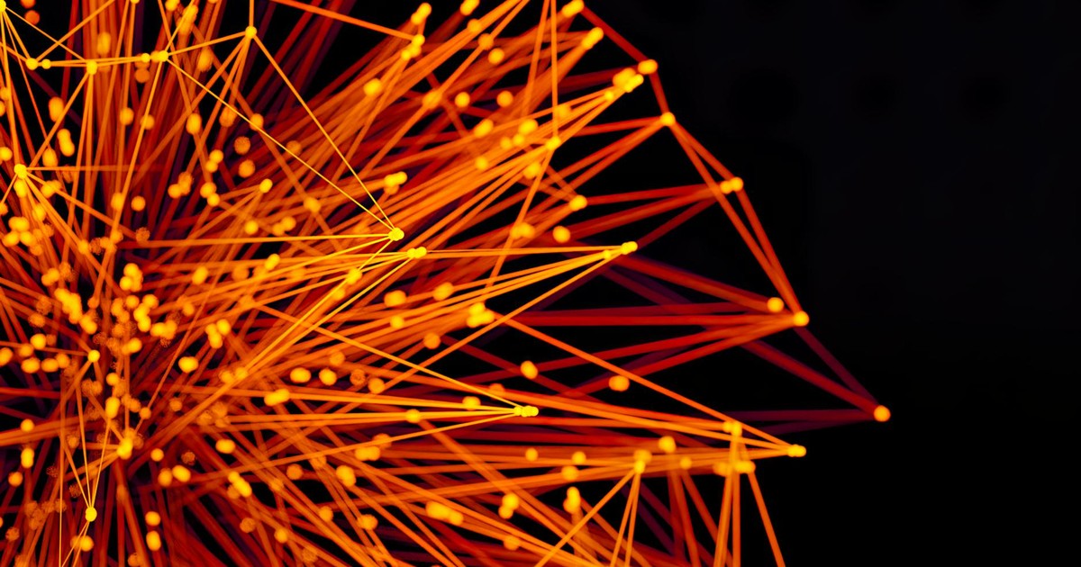 Vibrant orange lines and dots form an abstract network on a dark background, evoking technology and connectivity.