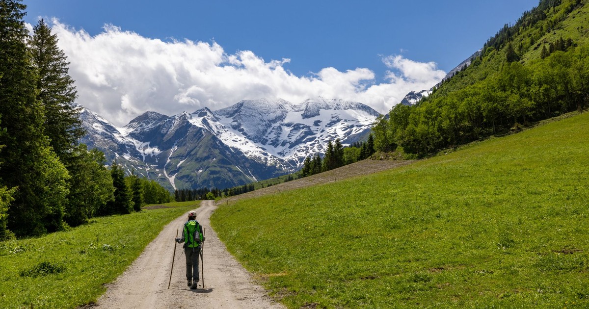 A person hiking along a dirt road with snow-capped mountains and lush greenery in the background.