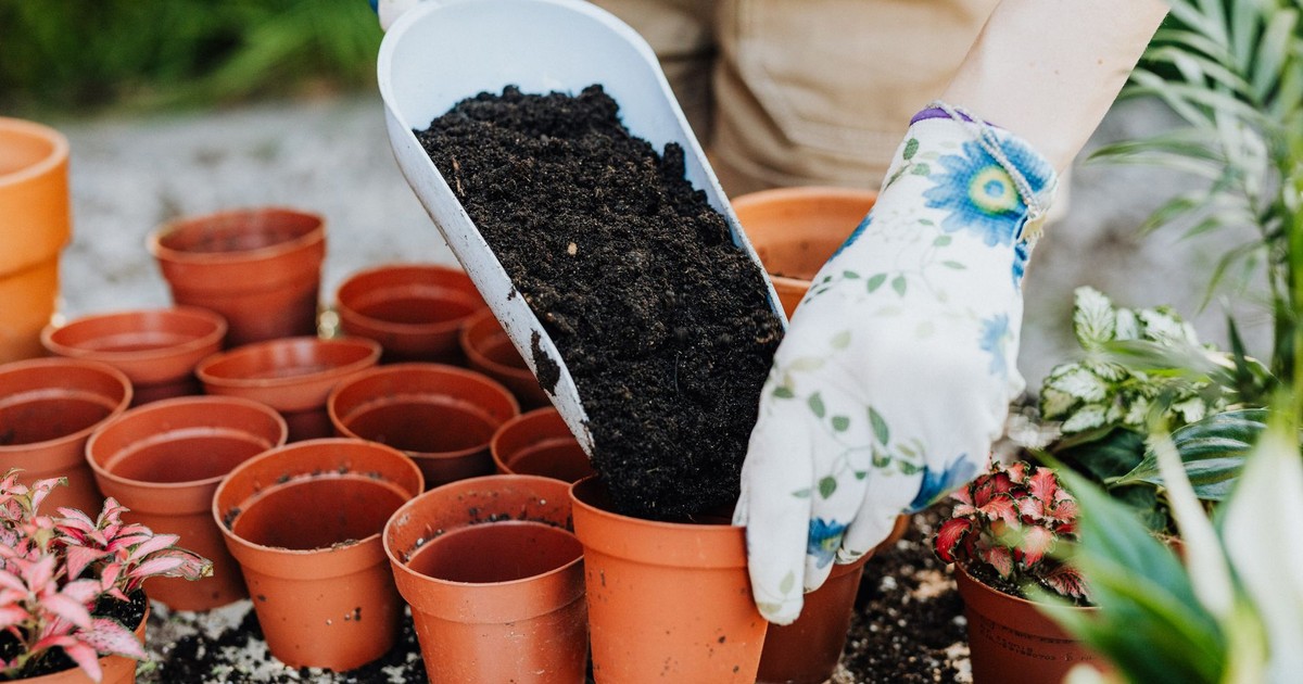 A person wearing gloves fills terracotta pots with soil for planting outdoors.