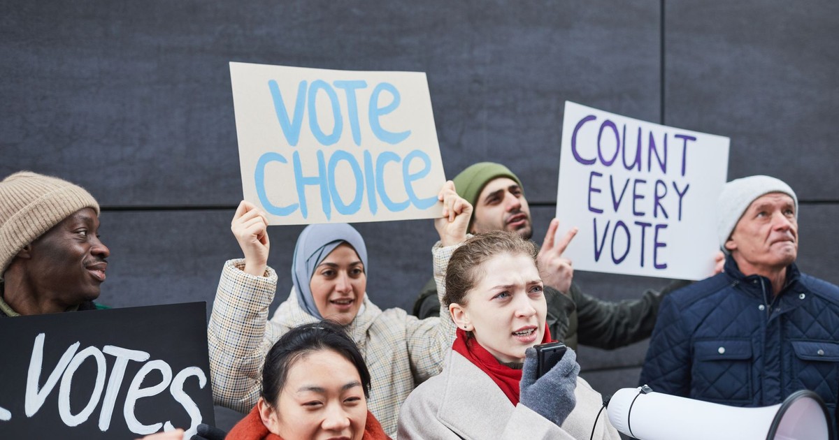 A diverse group of adults hold signs demanding vote counts and choice at an outdoor protest.