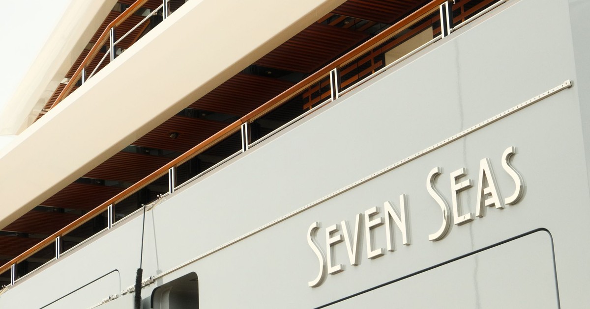 Close-up of the Seven Seas superyacht, highlighting sleek design and geometric elegance.